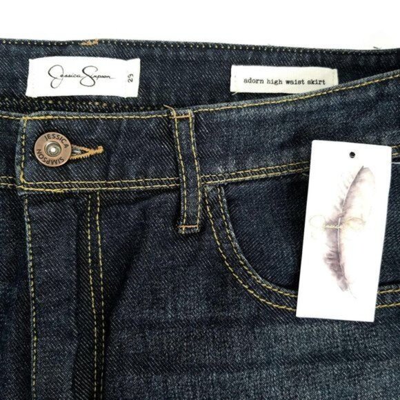 Jessica Simpson Denim Skirt Mini Adorn High Rise Waist Women Sz 29 NEW Dark Wash - Picture 7 of 10